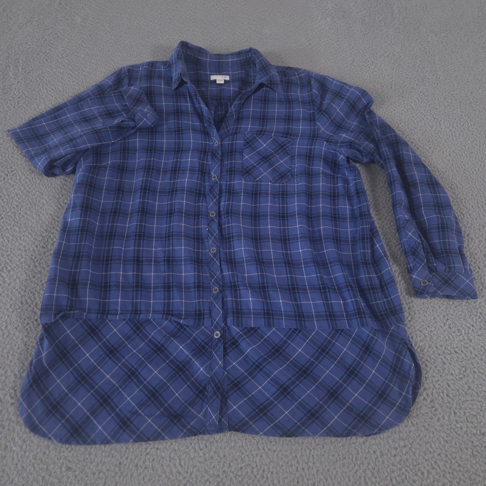 J. Jill Top Women L Blue Mixed Plaid Curved Hem Flannel Tunic Cotton Button Down